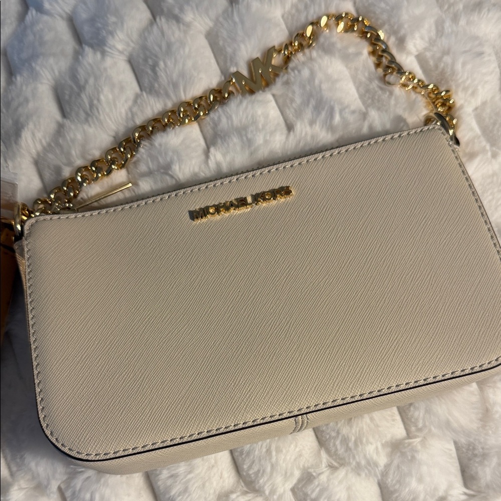 Michael Kors Beige Wristlet with Gold Chain
